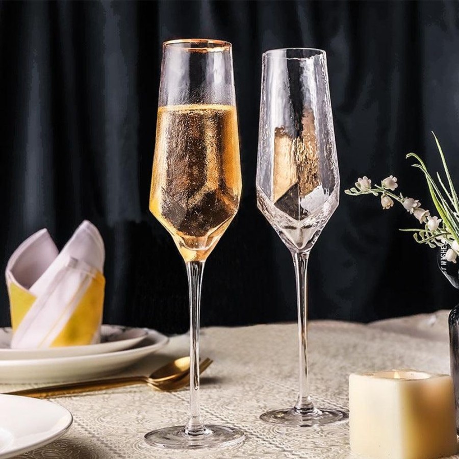 Barware LUCKY | Hexagonal Champagne Glass With Gold Rim - Set Of 2